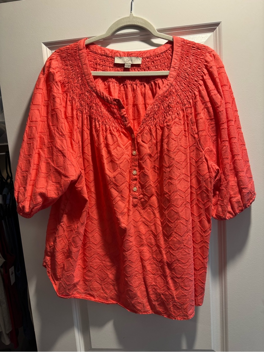 LOFT Coral Smocked Chevron-Texture Peasant Blouse